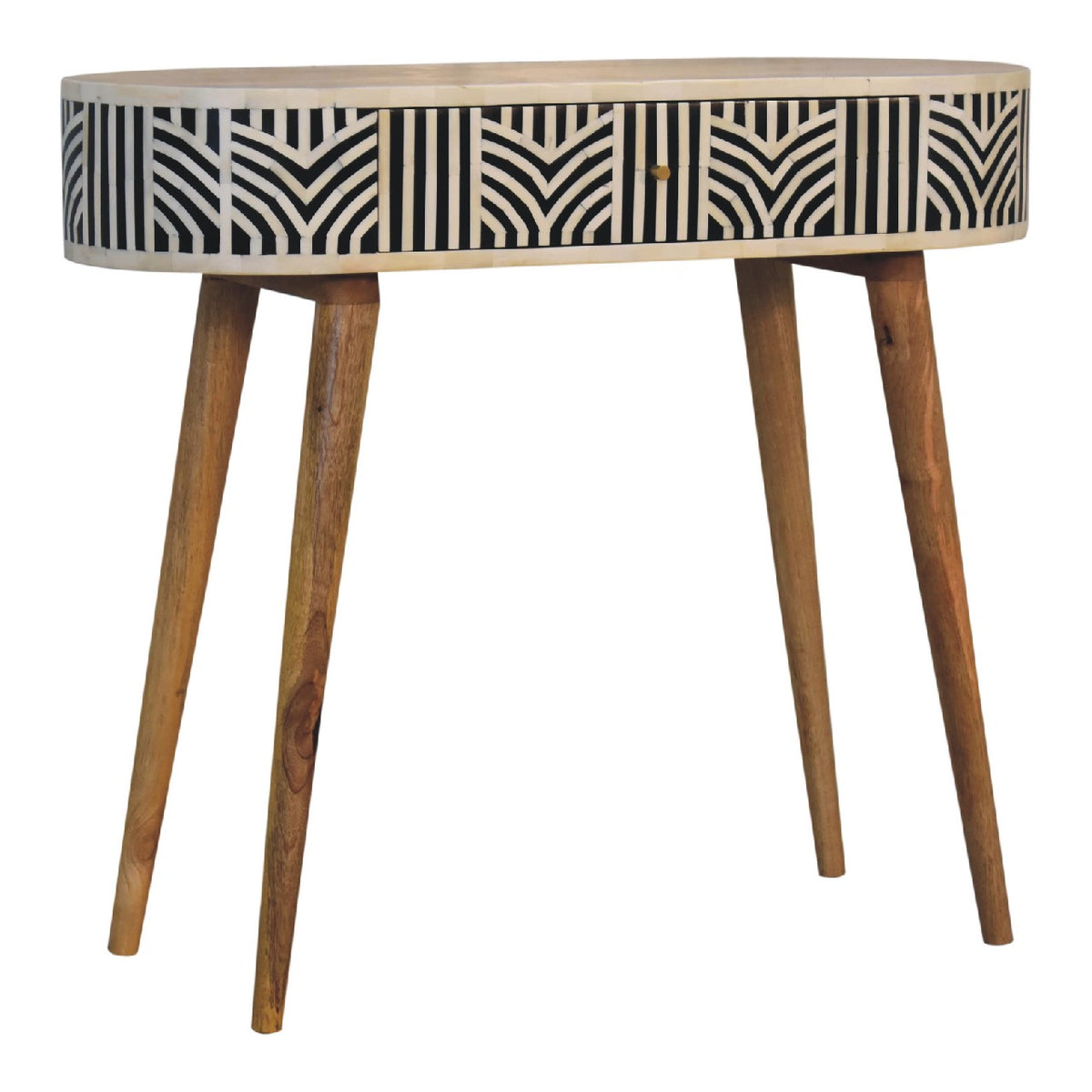 Console table with patterned drawer viewed from the left at an angle
