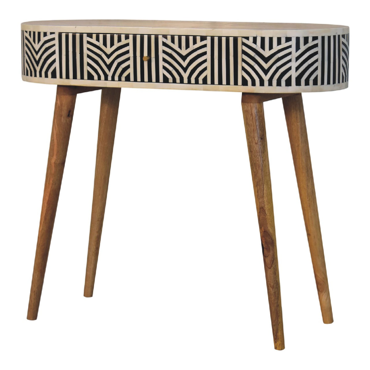 Console table with black-and-cream inlay viewed from the opposite front angle