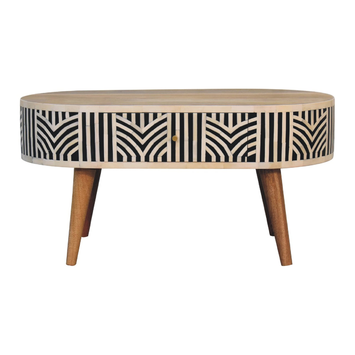 Oval coffee table with black and cream patterned drawer front, viewed straight on