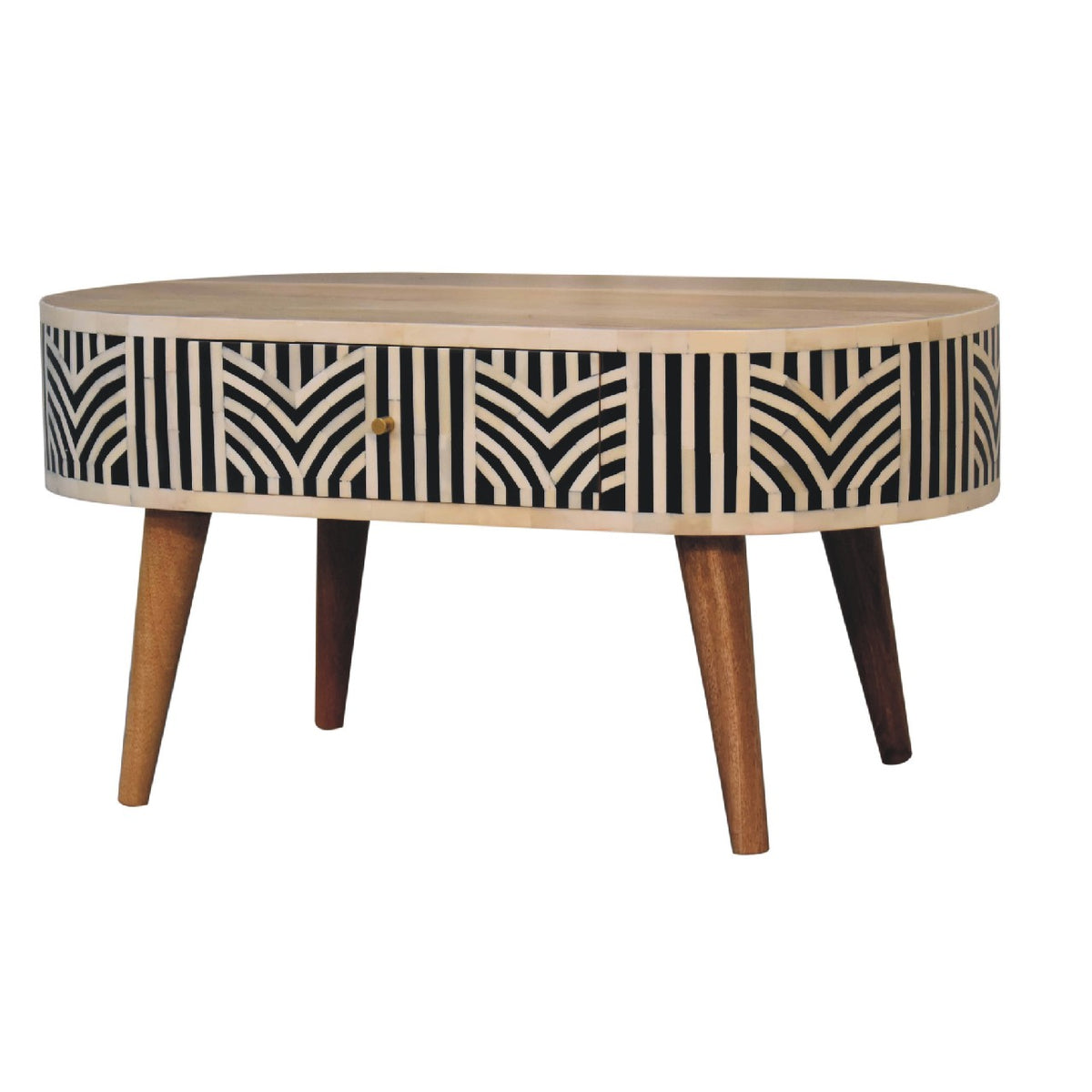 Oval coffee table with bone-inlay pattern and wood legs, angled front view
