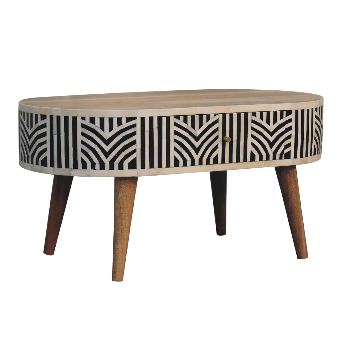 Coffee table shown from the opposite front angle, with patterned drawer front