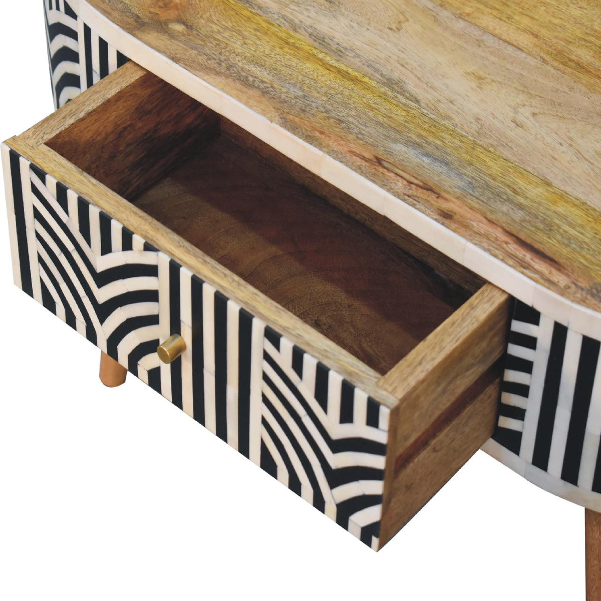 Open drawer showing its wood interior and geometric inlay front