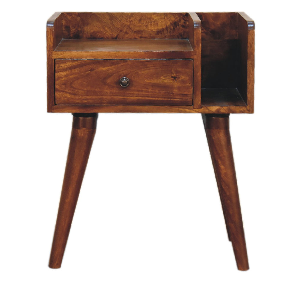 Brown nightstand front view showing a drawer, open slot and tapered legs