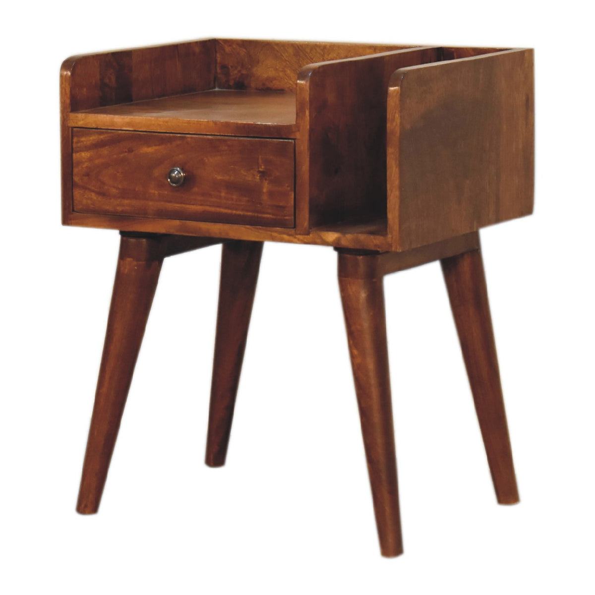 Brown nightstand angled view showing its open storage slot and tapered legs