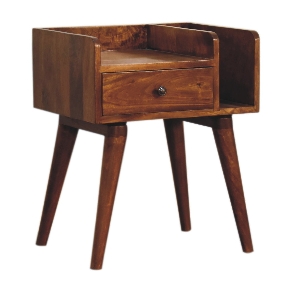 Brown nightstand from the opposite angle, with drawer and open slot visible