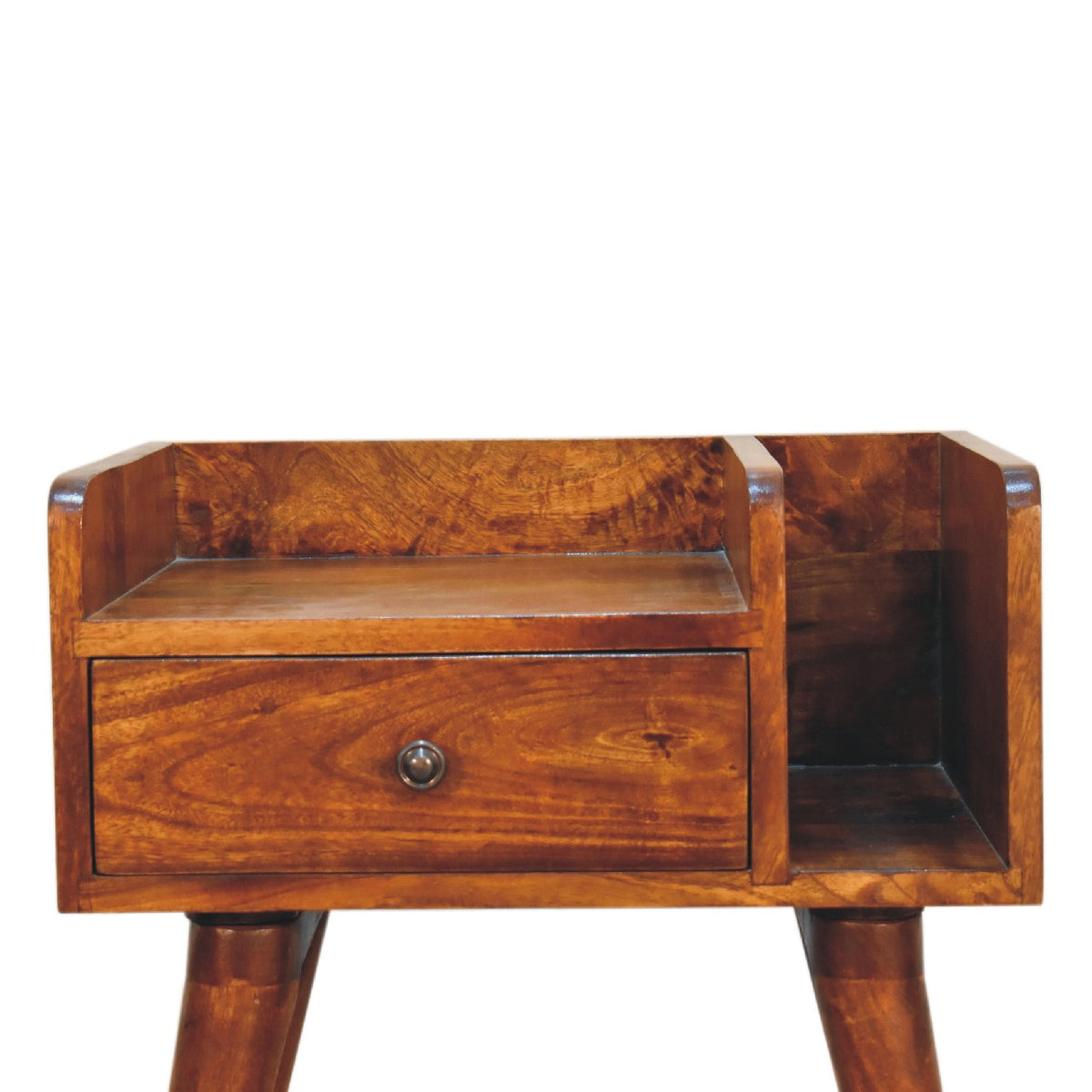Close front view of brown nightstand with drawer, top surface and open slot