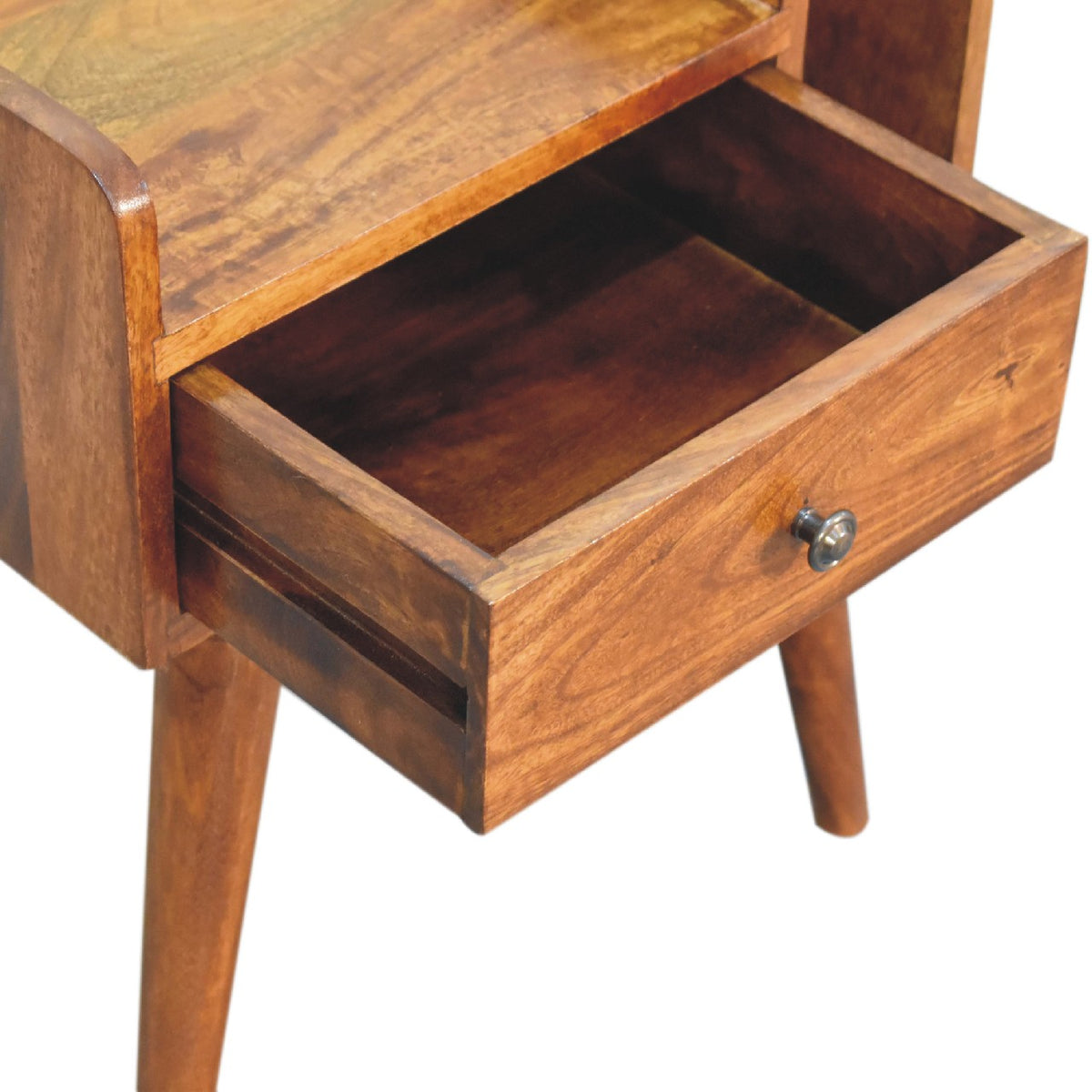 Brown nightstand with its drawer pulled open, viewed from above