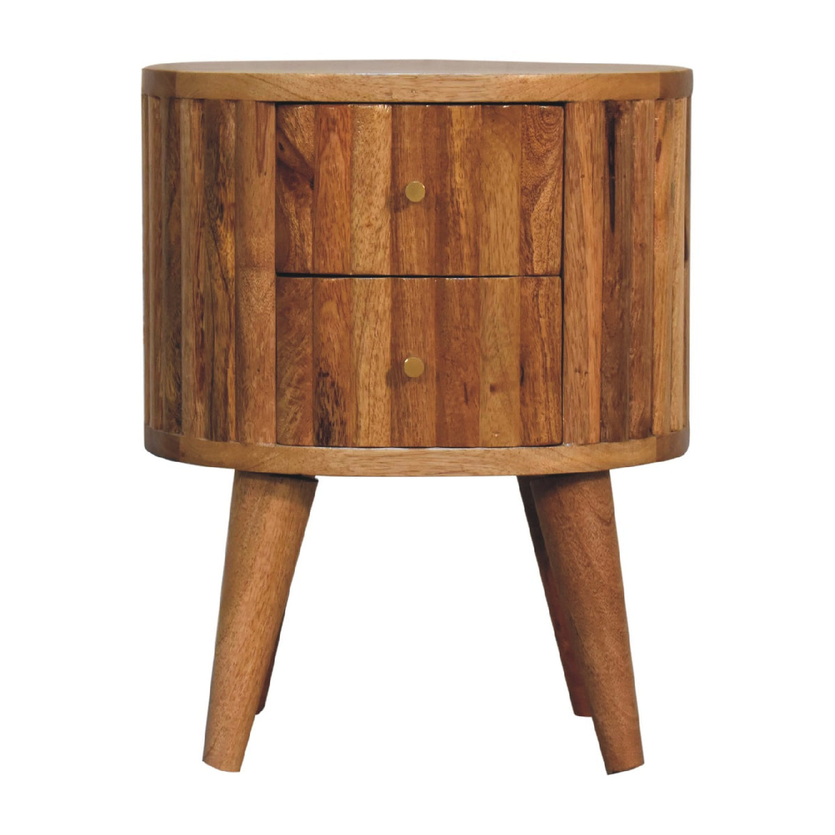 Oak-toned striped nightstand shown straight on with two drawers and tapered legs