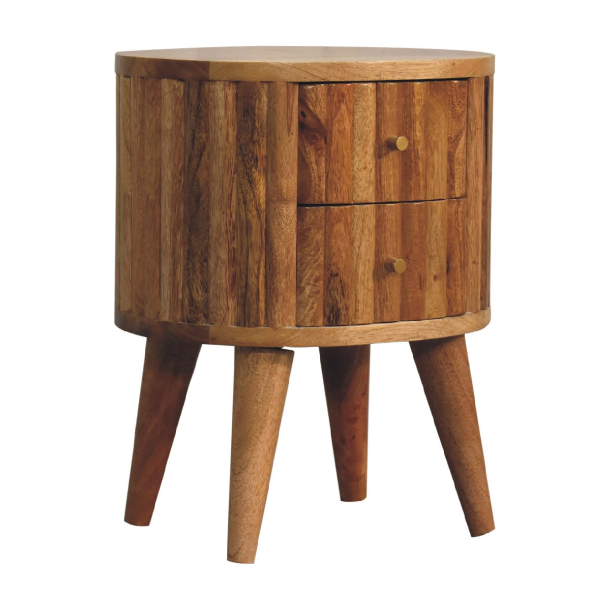 Oak-toned striped nightstand angled to show its two drawers and curved sides