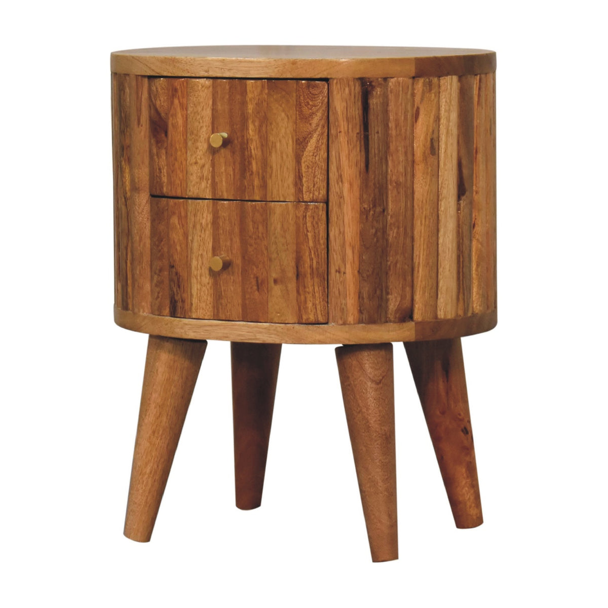 Striped wood nightstand from an angled view showing the drawer fronts and legs
