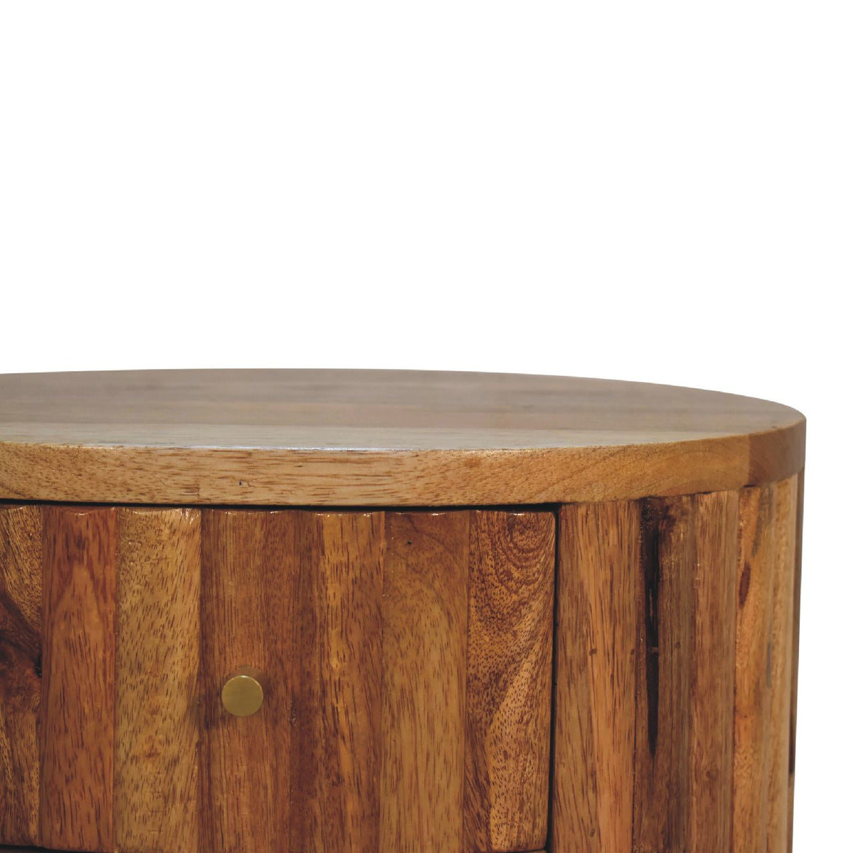 Close-up of the nightstand's striped wood drawer front and rounded top edge