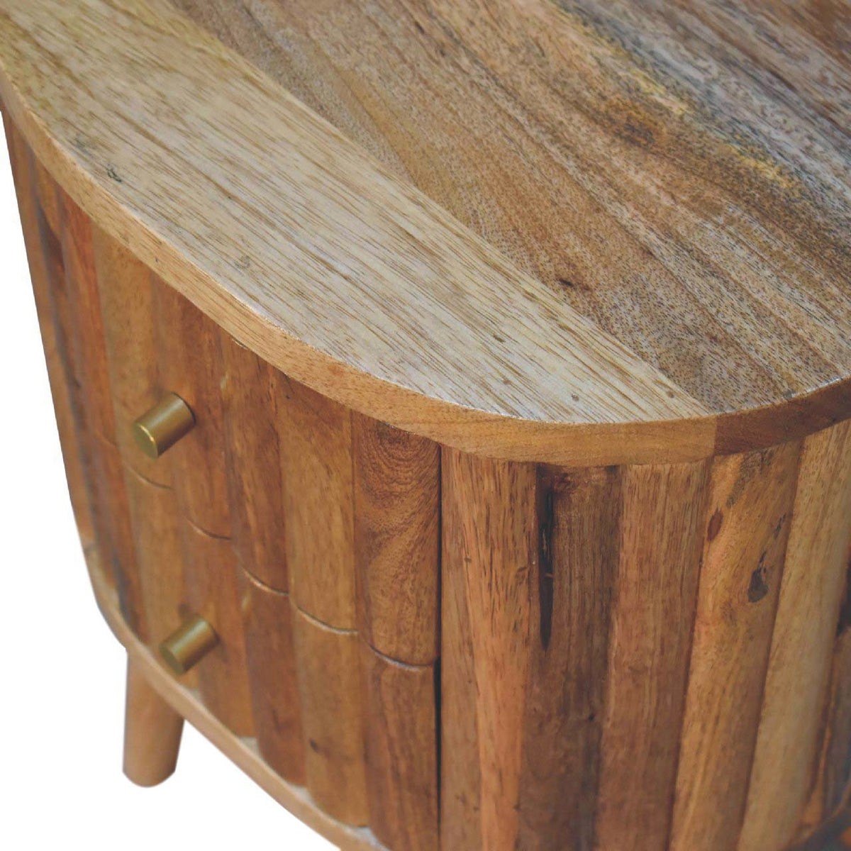 Angled overhead view of the striped wood nightstand's rounded top and drawer knobs