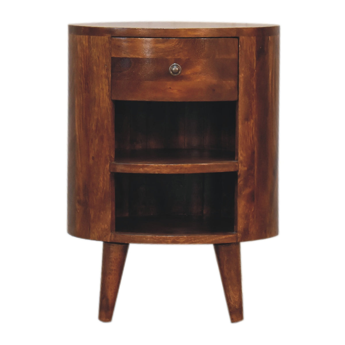 Chestnut-brown nightstand shown from the front with one drawer and two open shelves