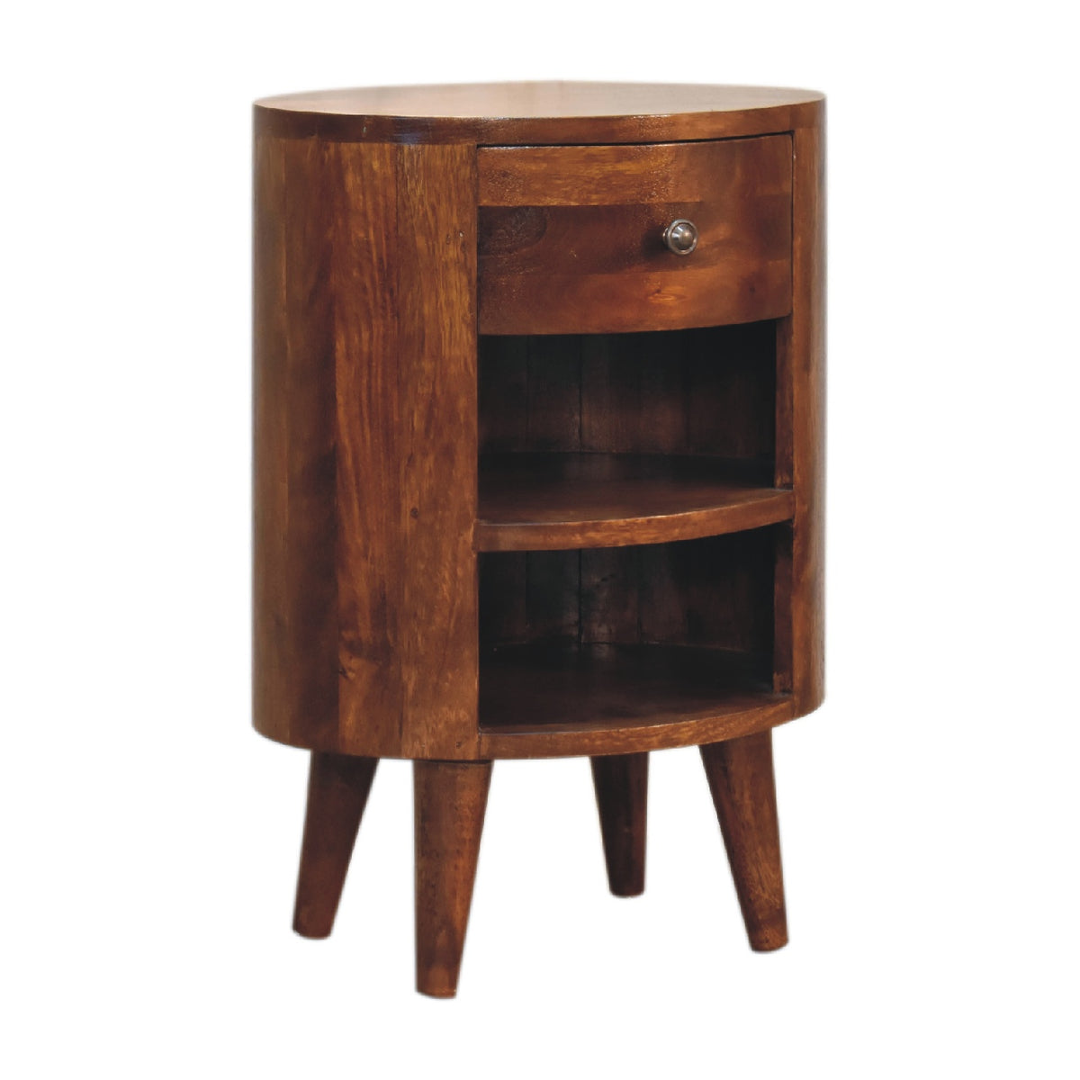 Chestnut-brown nightstand at an angle, showing its rounded sides and tapered legs