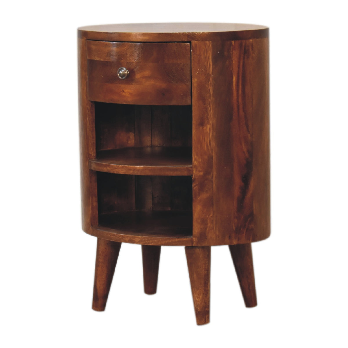 Chestnut-brown nightstand from the opposite angle with drawer and open shelves visible