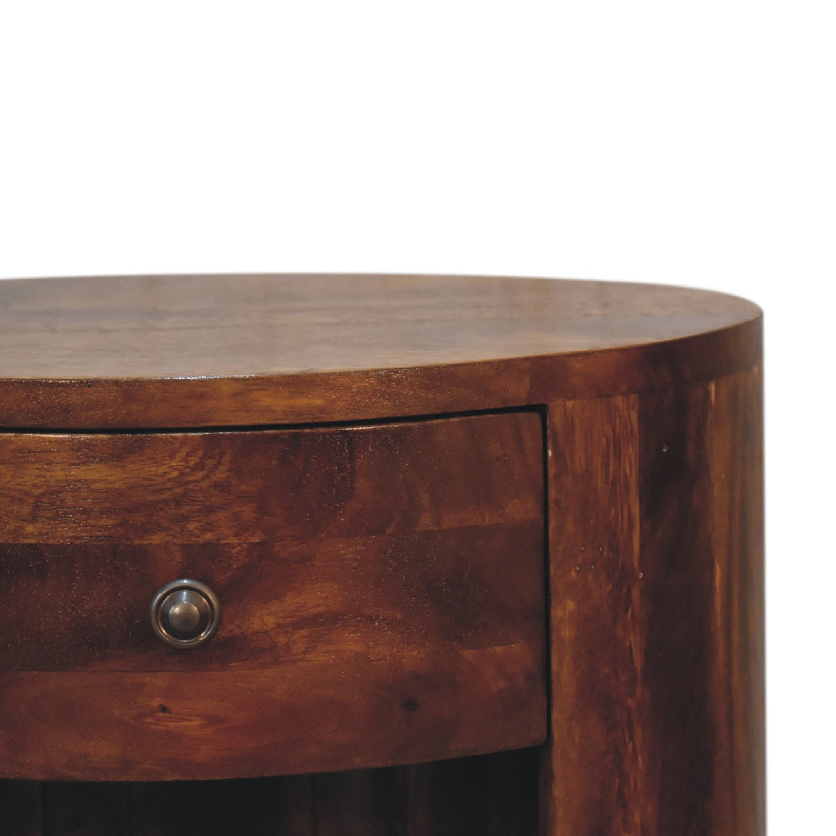 Close-up of the chestnut-brown nightstand's tabletop edge, drawer front and metal knob