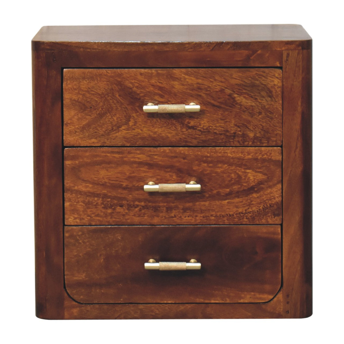 Chestnut-finish nightstand shown straight on with three drawers and gold-tone knobs