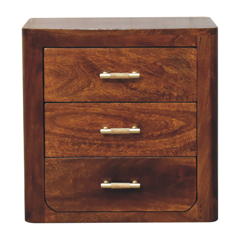Chestnut-finish nightstand shown straight on with three drawers and gold-tone knobs