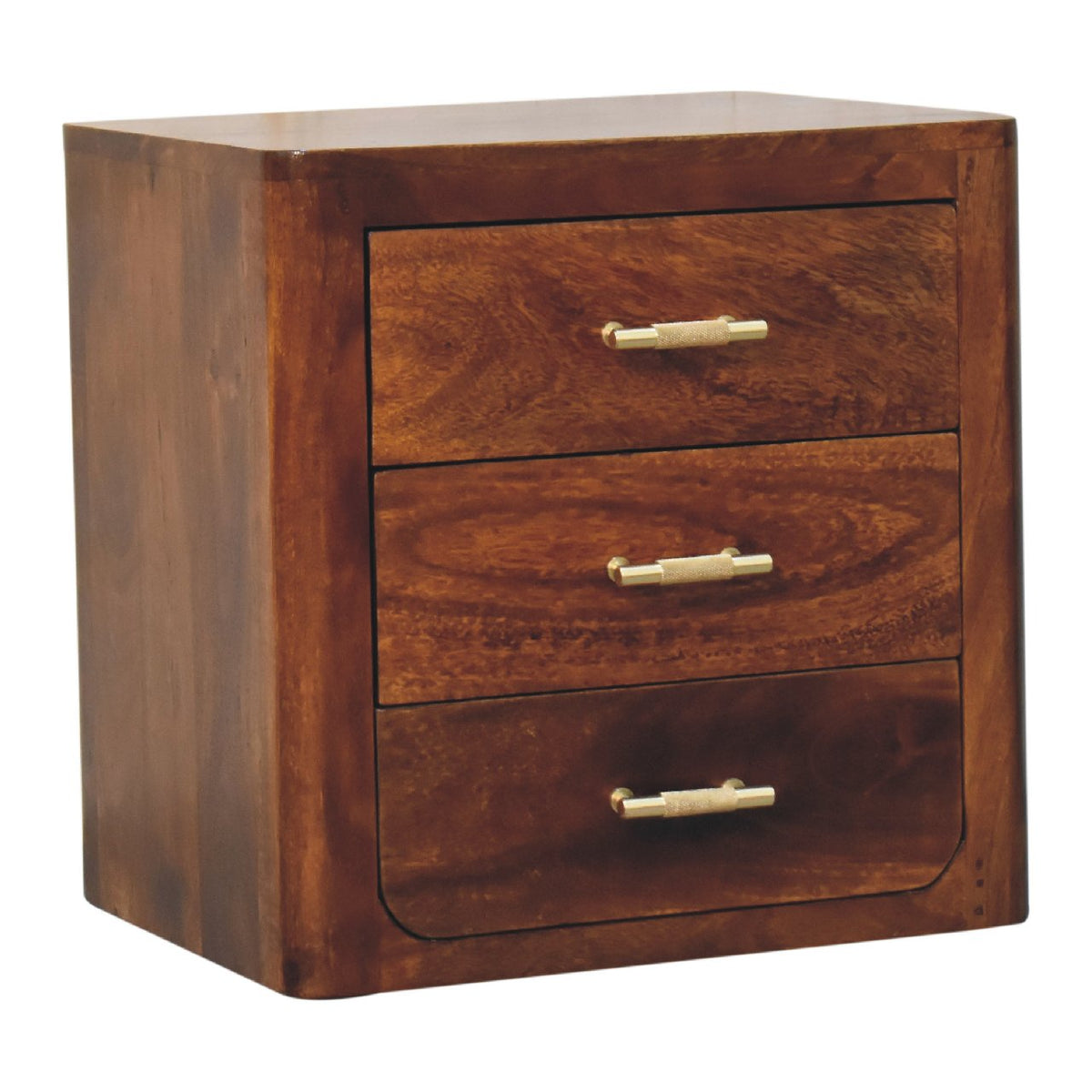 Chestnut nightstand viewed from the front-left, showing its side and three drawers