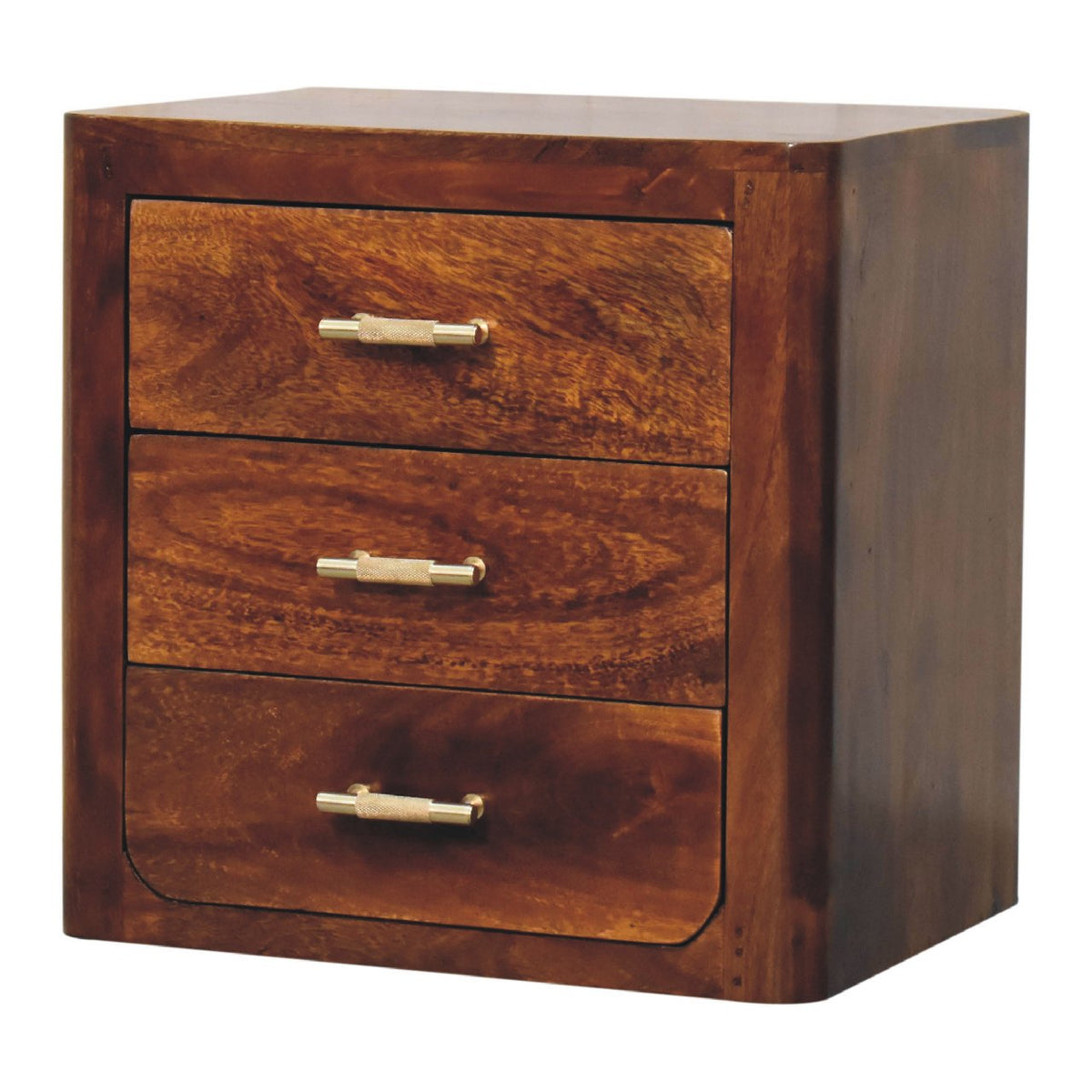 Chestnut nightstand viewed from the front-right, with gold-tone drawer knobs
