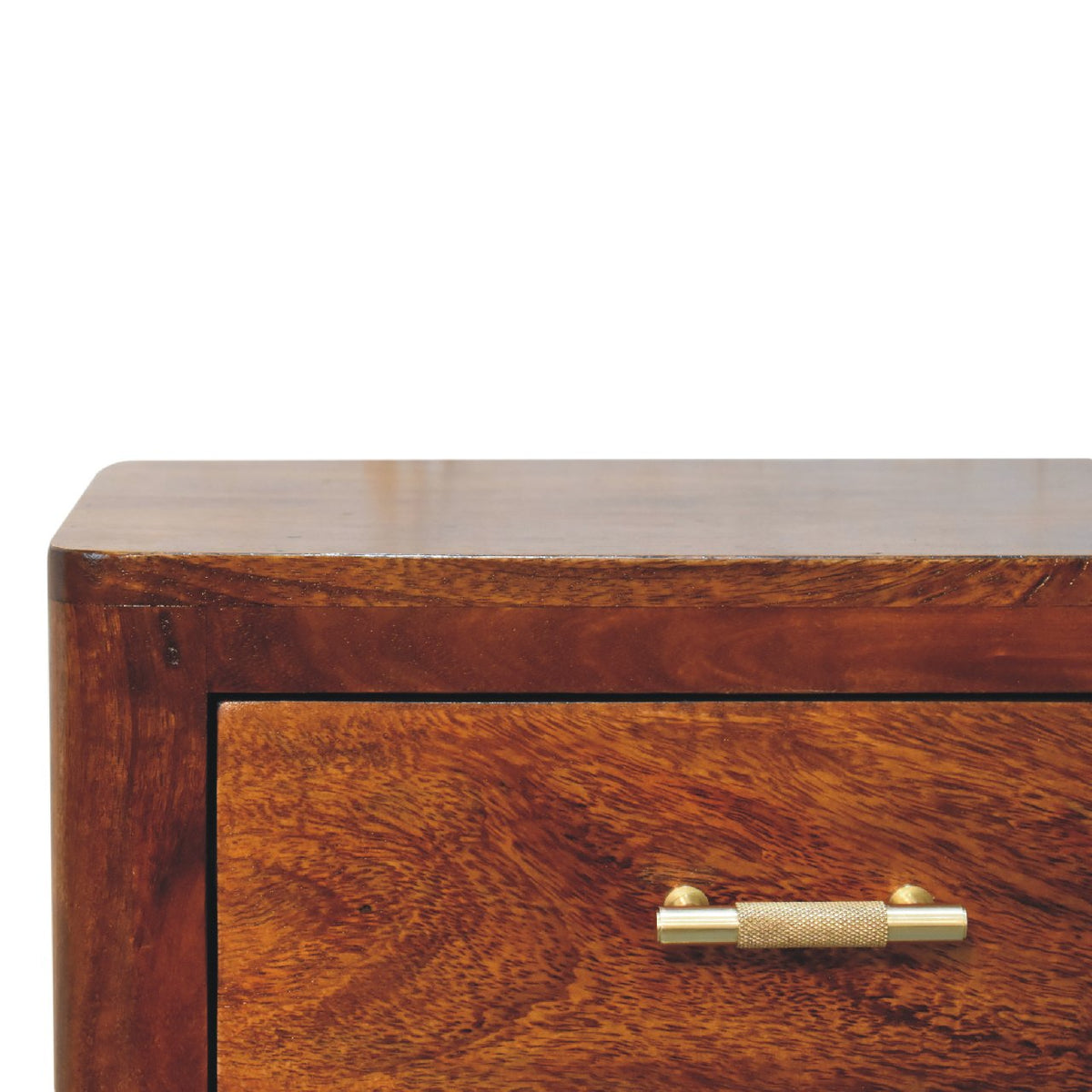 Close-up of the chestnut wood drawer front and gold-tone bar knob