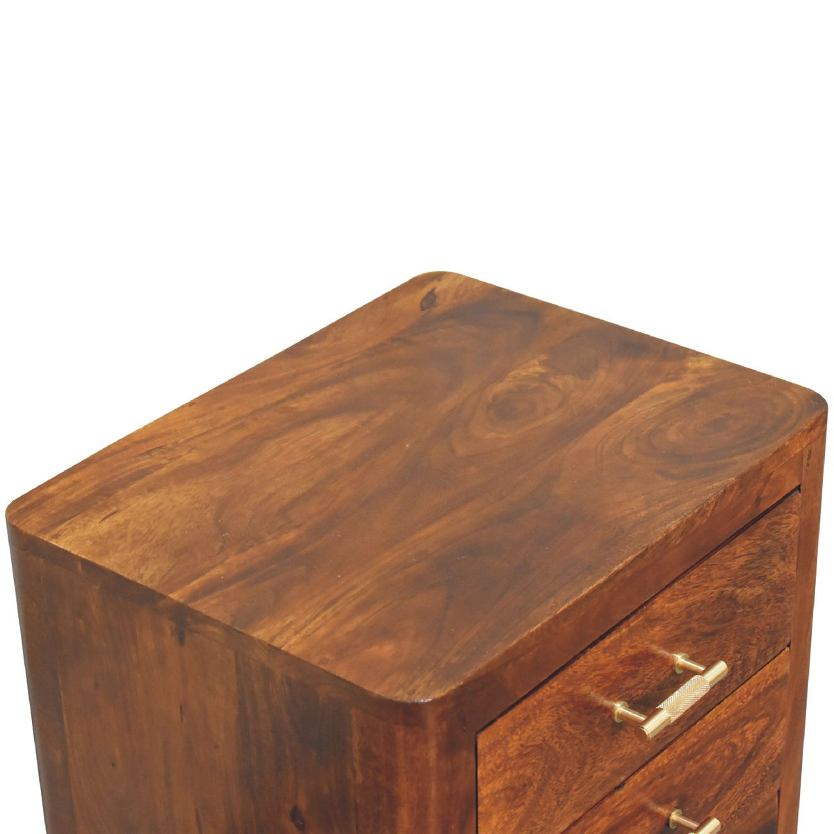 Elevated angled view showing the wood top and drawer fronts of a chestnut nightstand