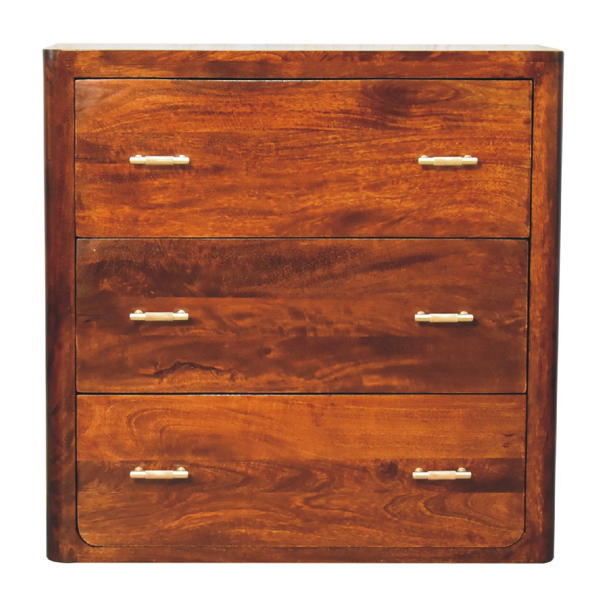 Chestnut wood three-drawer chest shown straight on with gold bar knobs