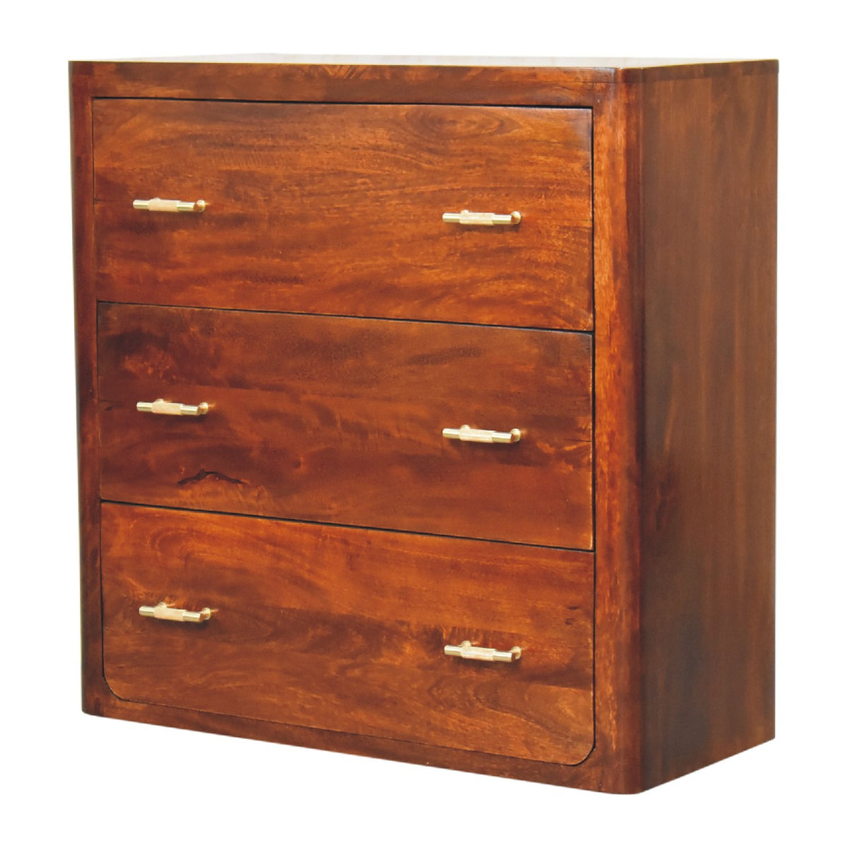 Chestnut three-drawer chest at an angle, showing its wood side and gold knobs