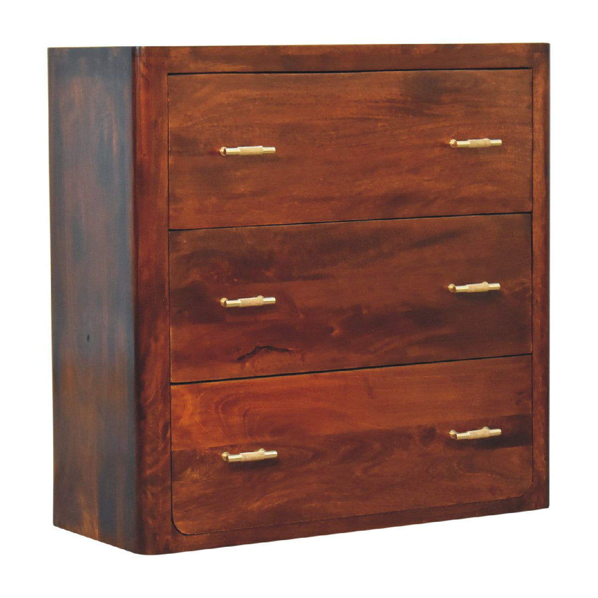 Angled view of a chestnut wood chest with three drawers and golden bar pulls