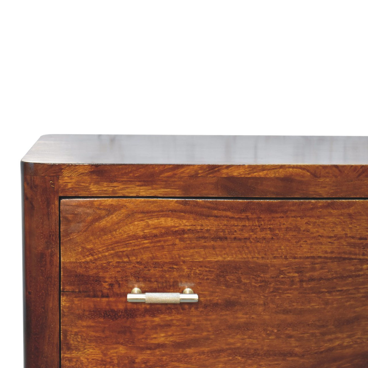 Close-up of the chestnut wood front and gold bar knob on the upper drawer