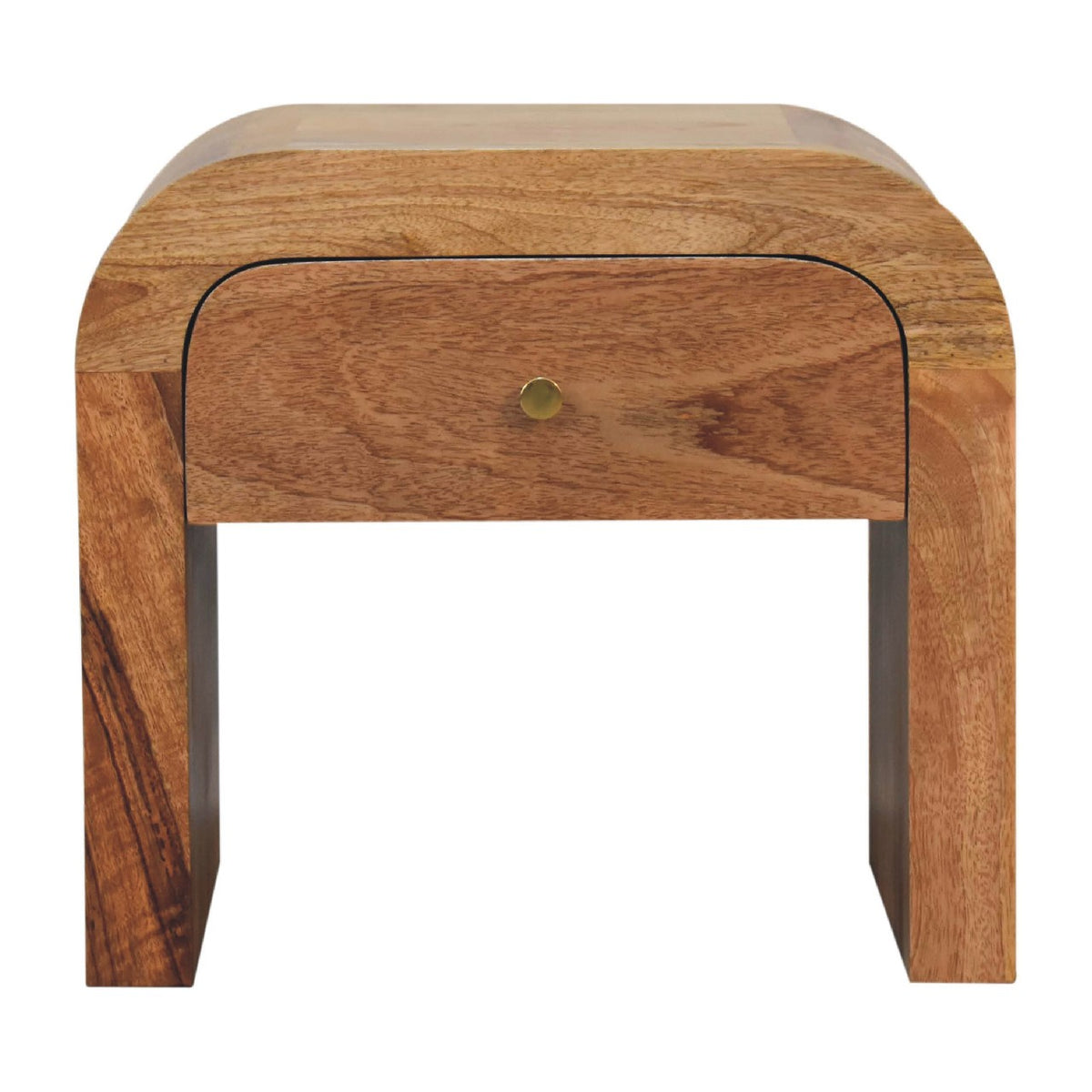 Front view of a warm brown mango wood nightstand with a single drawer on white