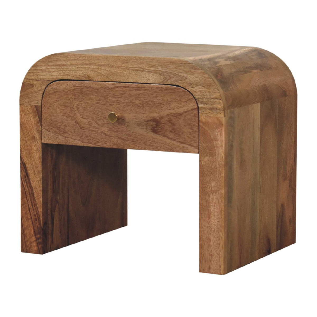 Three-quarter view showing the rounded sides and single drawer of a brown nightstand