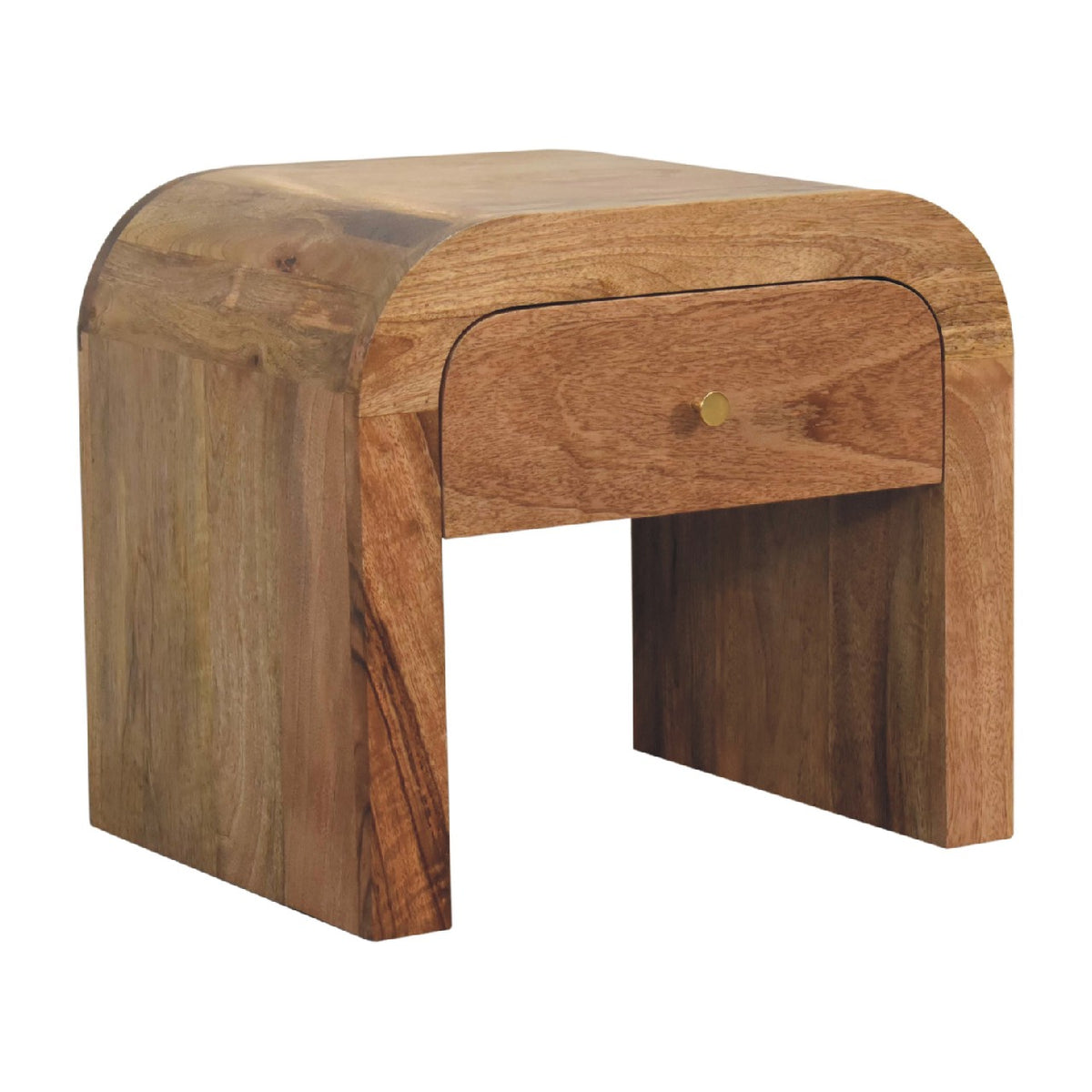 Opposite angled view of a brown wood nightstand with a rounded frame and drawer
