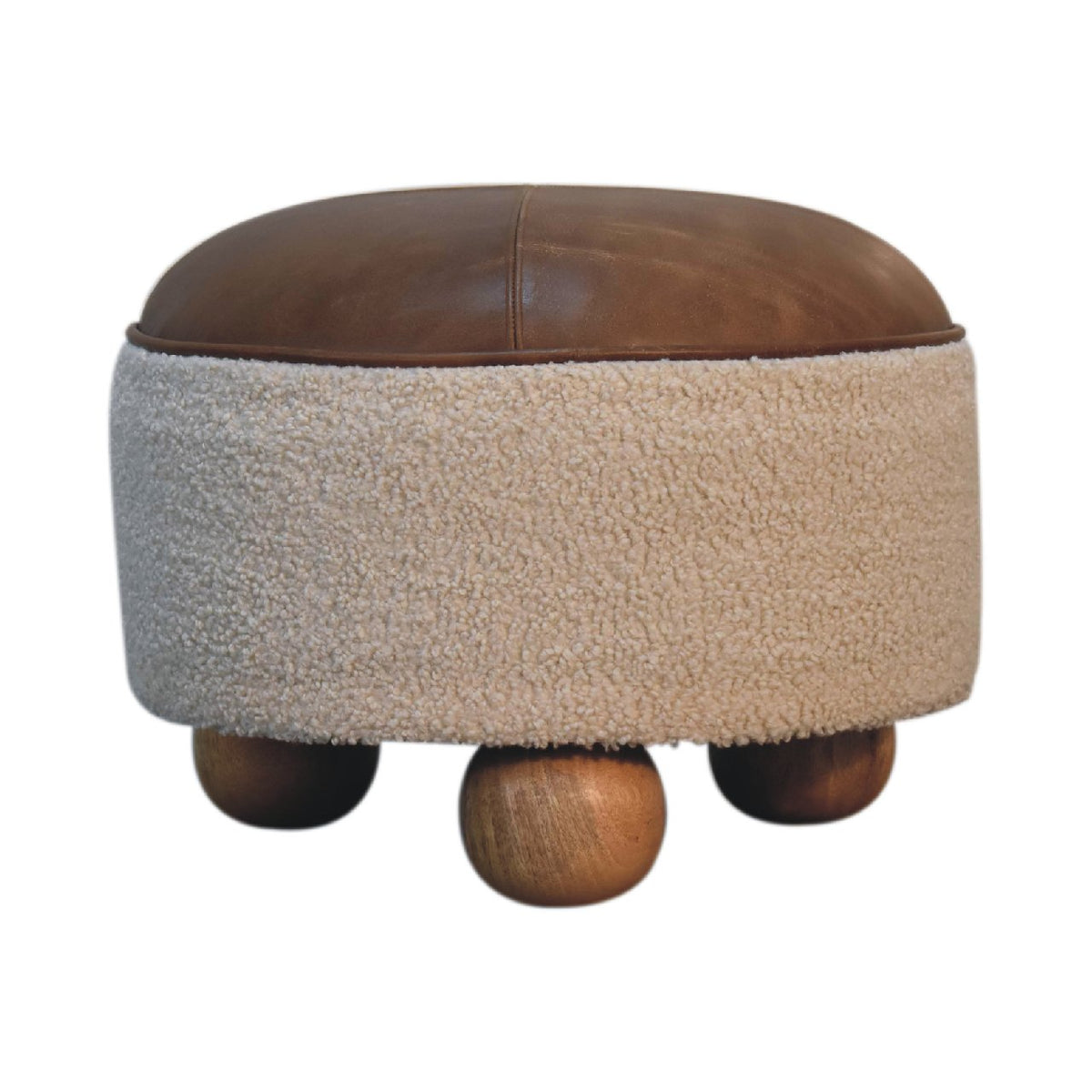 Cream boucle footstool with brown leather seat and wooden ball feet, front view
