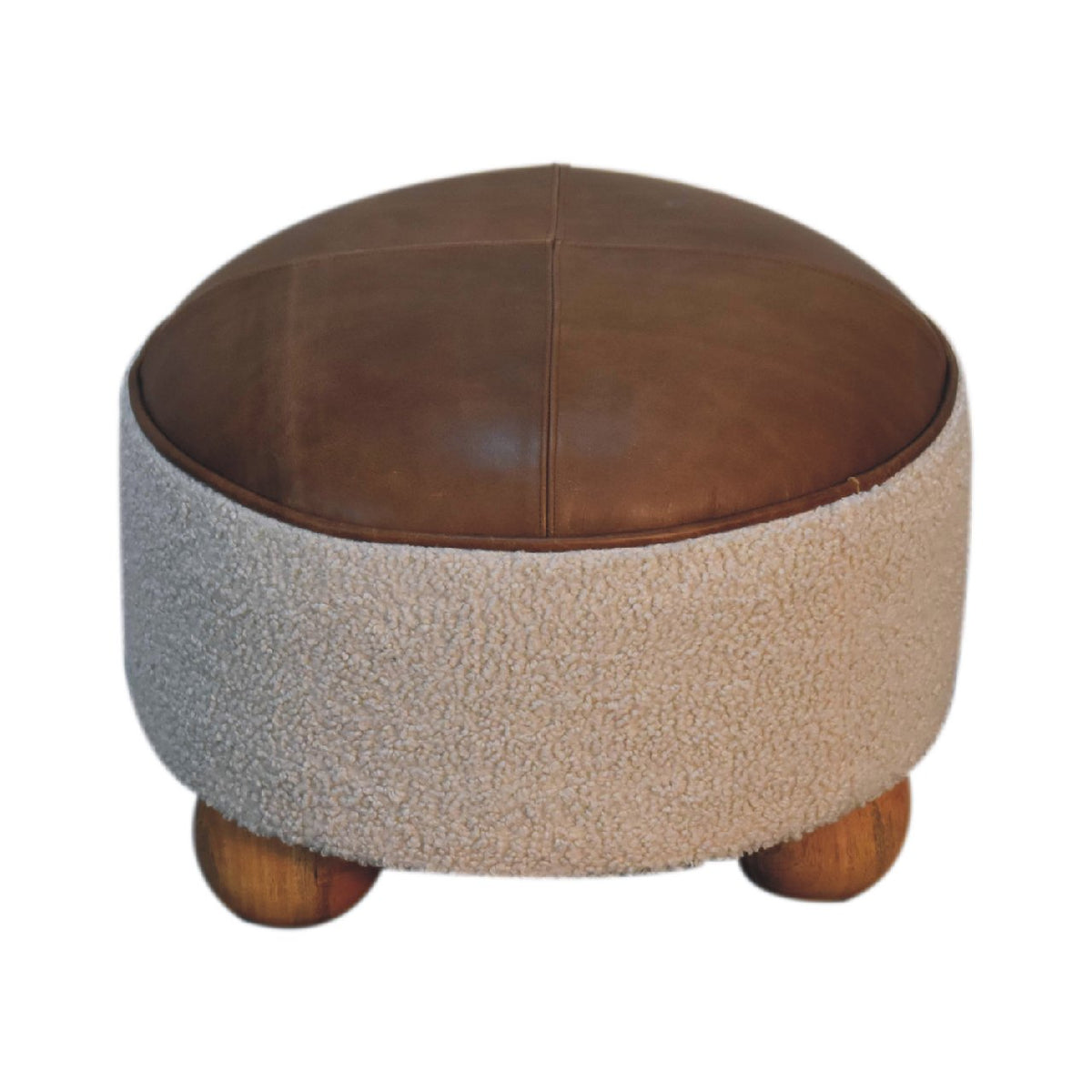 Cream boucle footstool with brown leather seat, viewed from above and front
