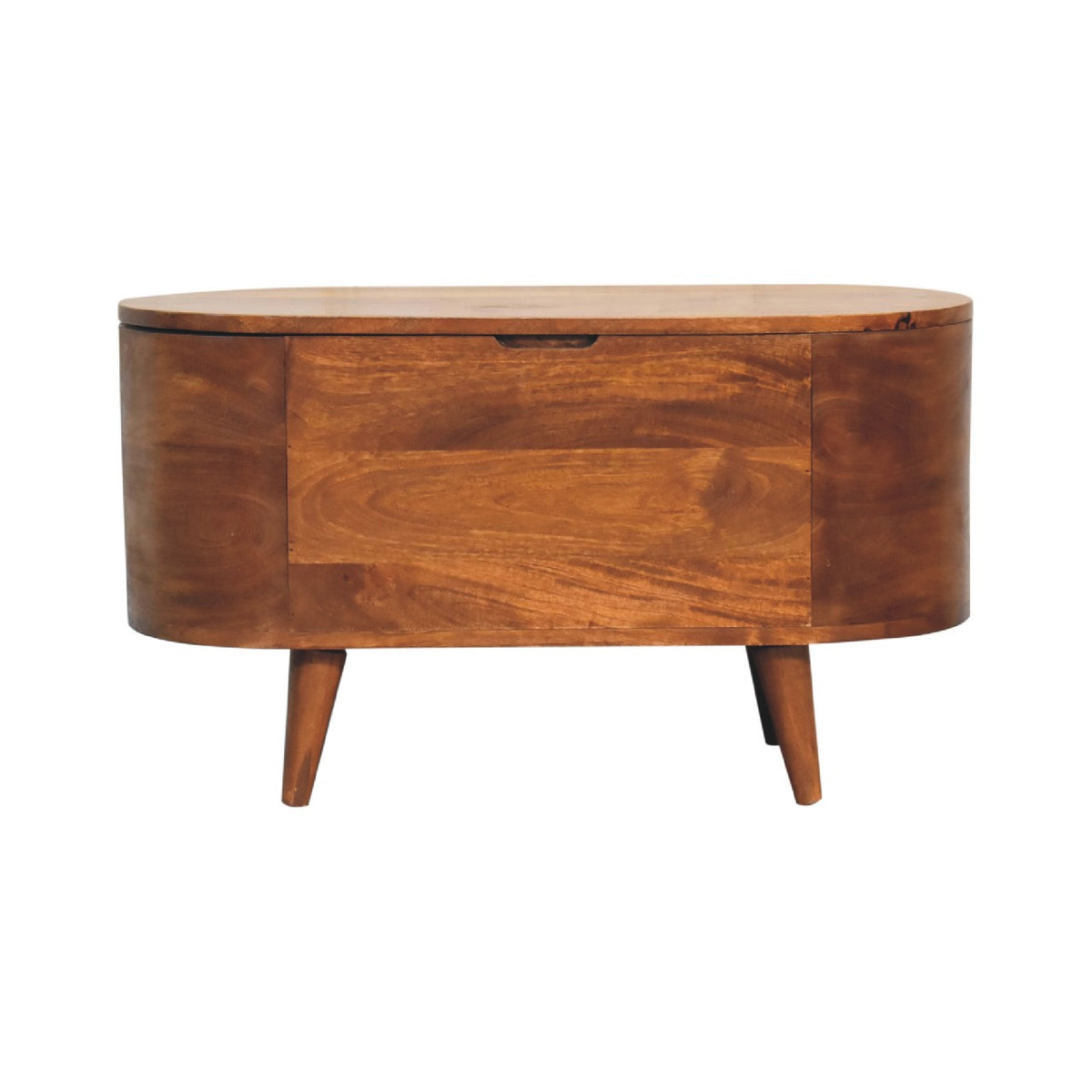 Front view of the chestnut wood blanket box, showing its rounded ends and top lid