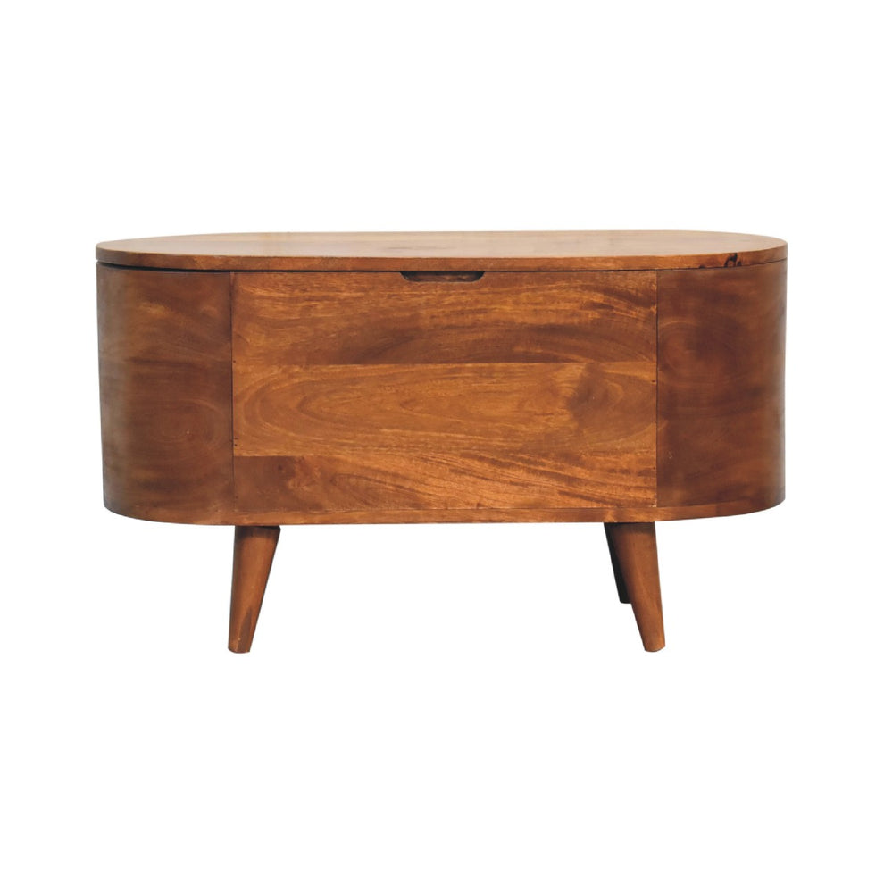 Chestnut rounded blanket box in a straight-on front view with tapered legs