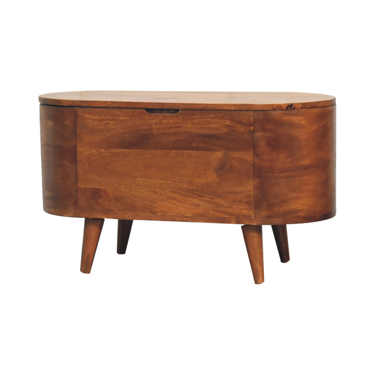 Chestnut blanket box from an angled front view, showing one rounded side