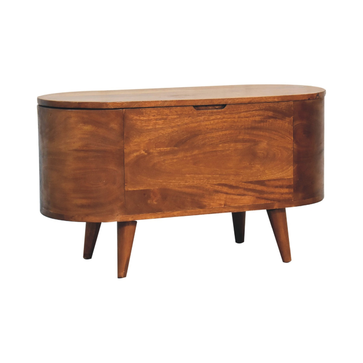 Opposite angled front view of the chestnut rounded blanket box on tapered legs