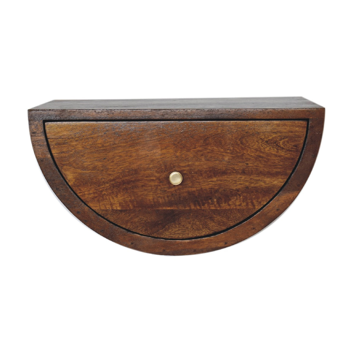 Chestnut crescent floating nightstand shown straight on with its drawer closed