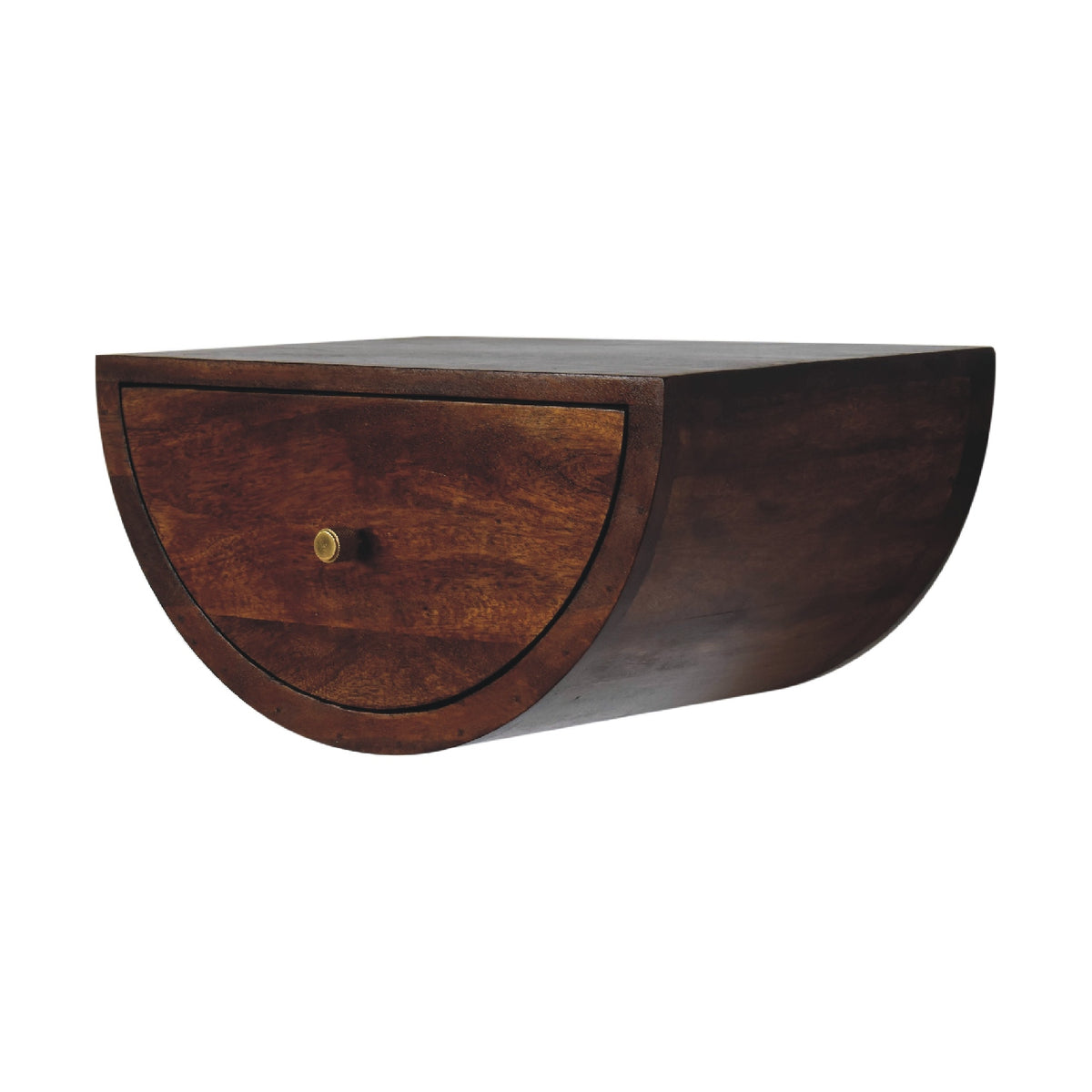 Chestnut crescent nightstand in an angled view showing its right side