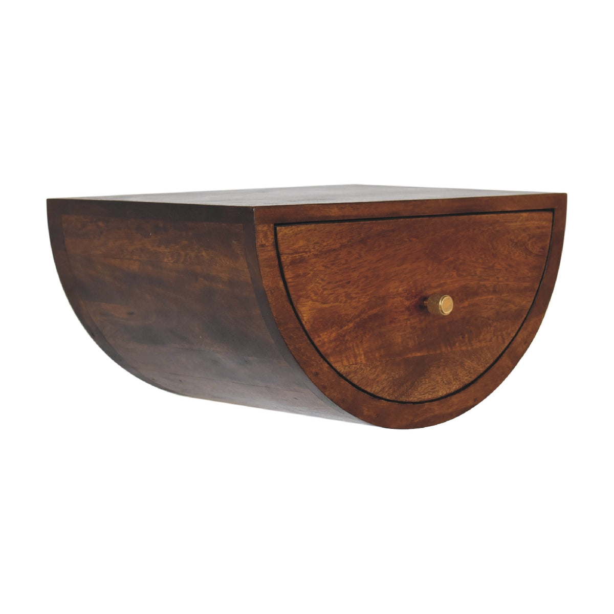 Angled view of the chestnut nightstand showing its curved left side