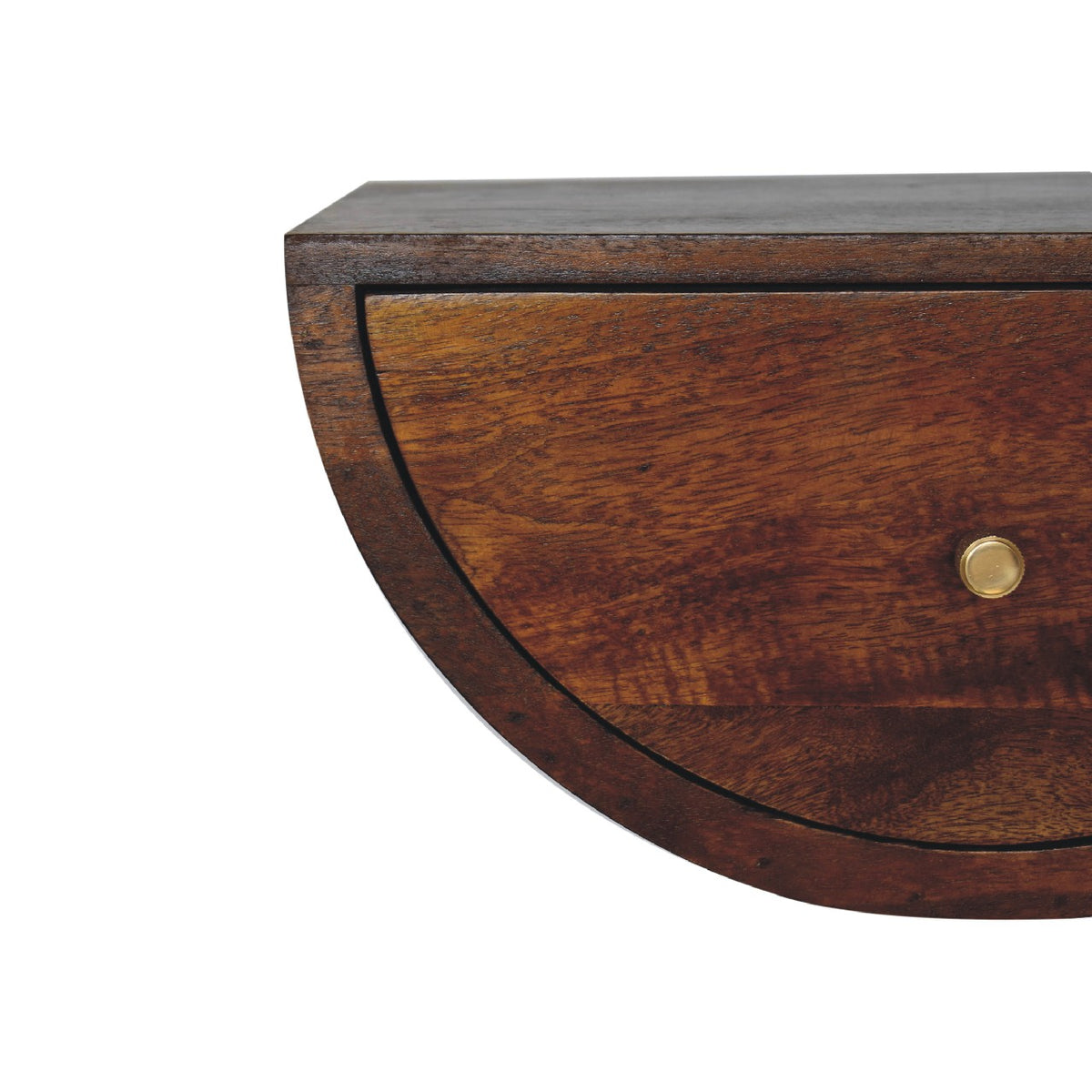 Close-up of the chestnut nightstand drawer, curved edge and brass knob