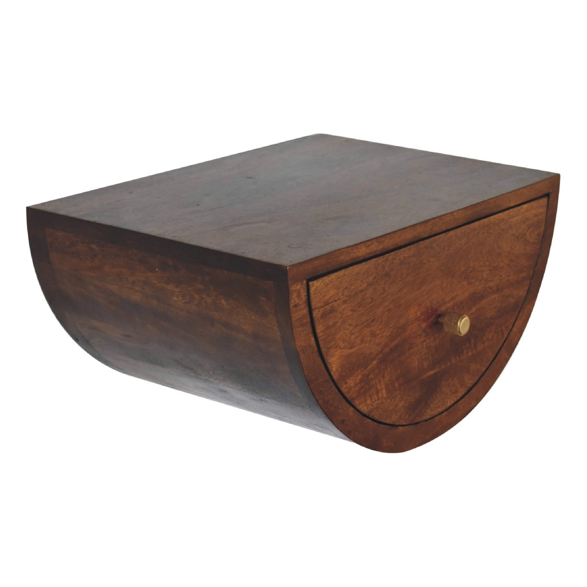 Elevated angled view of the chestnut crescent nightstand and top surface