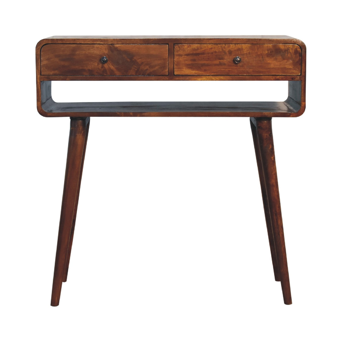 Chestnut console table shown straight on with two drawers and four tapered legs