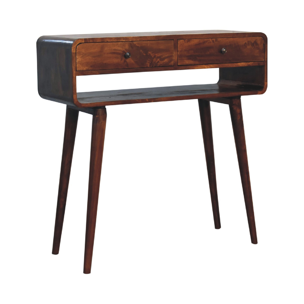 Chestnut console table angled from the left, showing drawers and open compartment