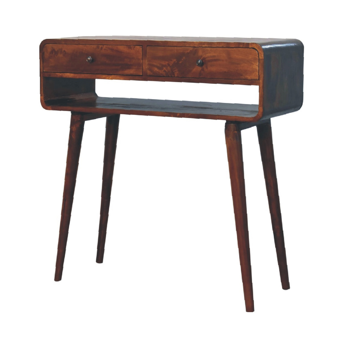 Chestnut console table angled from the right with curved edges and tapered legs