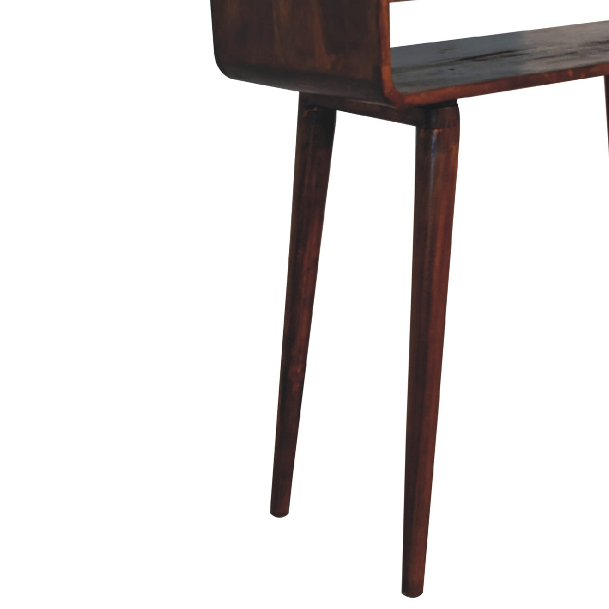 Close-up of the chestnut console table's open compartment and tapered legs