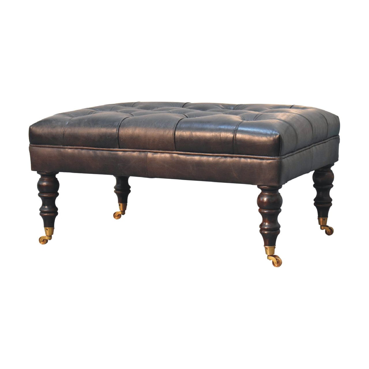 Dark leather ottoman at a front three-quarter angle on a white background