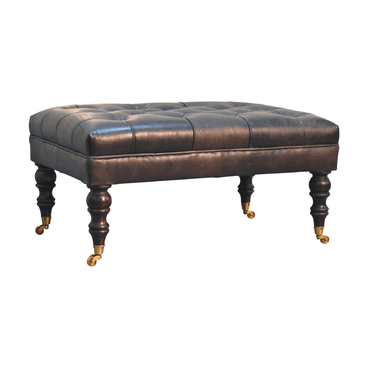Dark leather ottoman from the opposite three-quarter angle on white